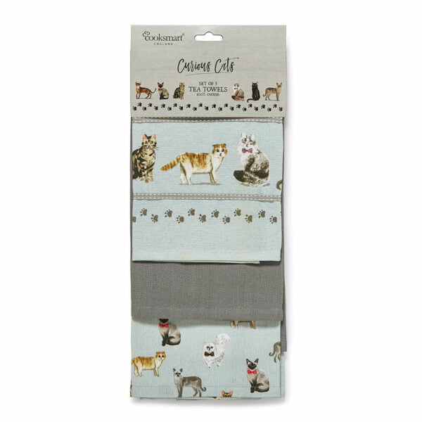 Set of 3 Tea Towels Curious Cats Design by Cooksmart-0