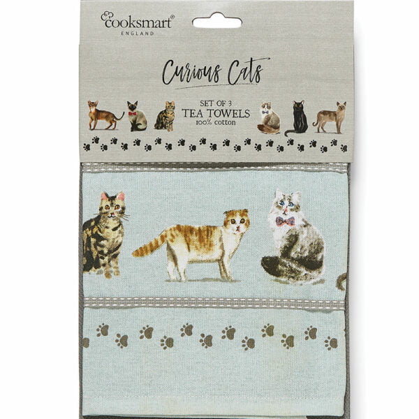 Set of 3 Tea Towels Curious Cats Design by Cooksmart-82527